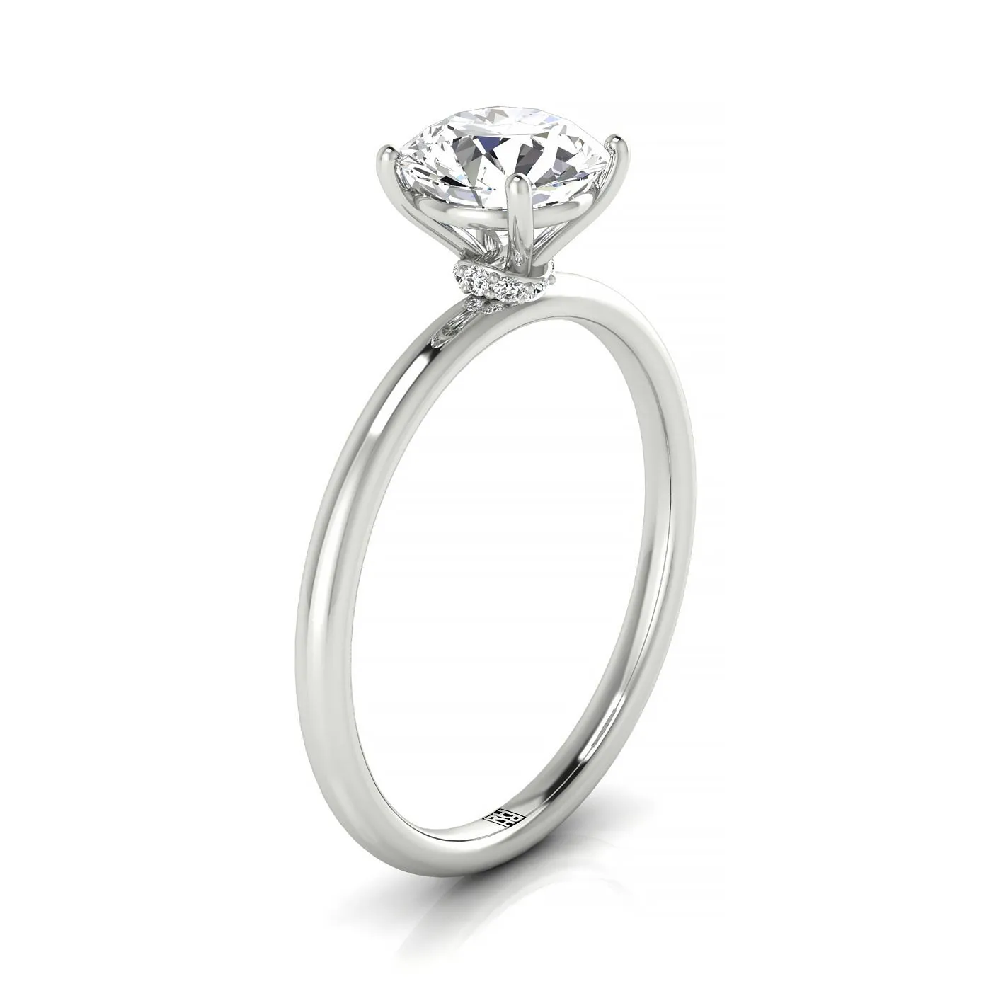 18kw Round Solitaire Engagement Ring With Lower Hidden Halo Curved With 8 Prong Set Round Diamonds