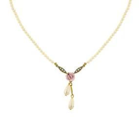 1928 Bridal Porcelain Rose And 3mm Faux Pearl Strand Drop Pendant Necklace 16"   3" Extender