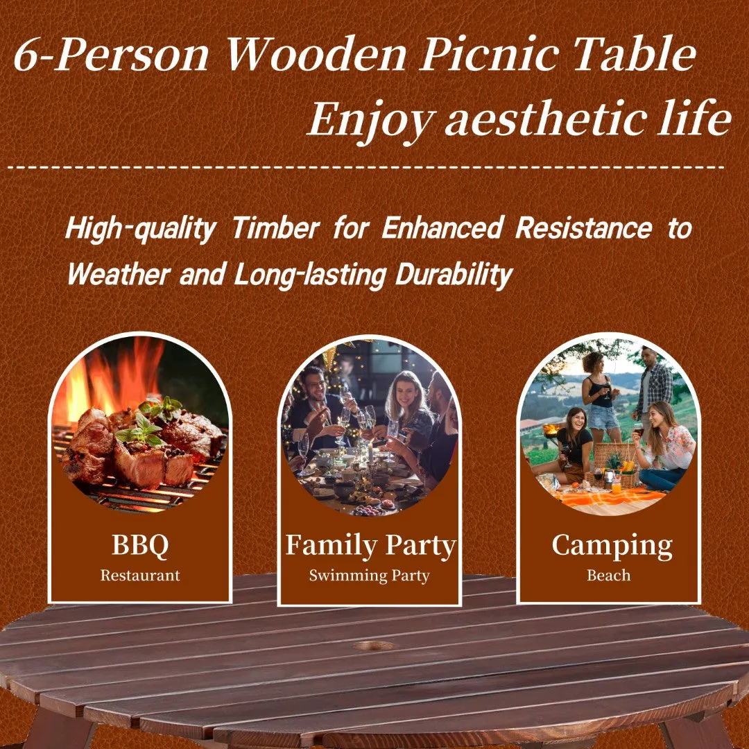 6-Person Round Picnic Table Set with Benches, Umbrella Hole, Outdoor Furniture for Garden, Backyard, Porch, Patio - Brown