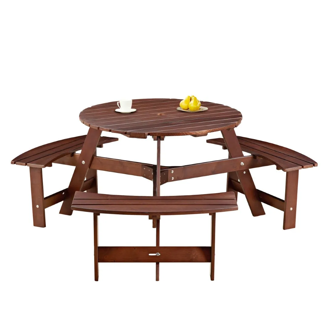 6-Person Round Picnic Table Set with Benches, Umbrella Hole, Outdoor Furniture for Garden, Backyard, Porch, Patio - Brown