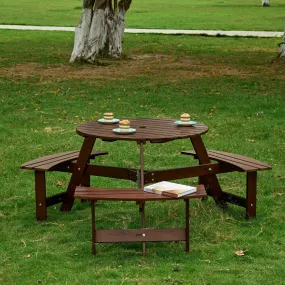 6-Person Round Picnic Table Set with Benches, Umbrella Hole, Outdoor Furniture for Garden, Backyard, Porch, Patio - Brown