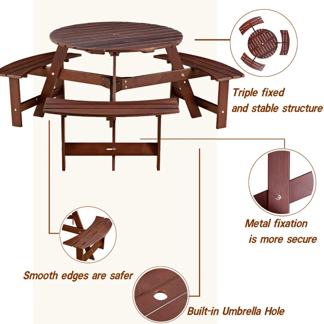 6-Person Round Picnic Table Set with Benches, Umbrella Hole, Outdoor Furniture for Garden, Backyard, Porch, Patio - Brown
