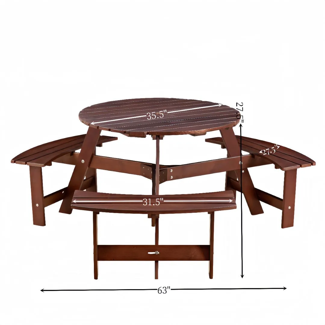 6-Person Round Picnic Table Set with Benches, Umbrella Hole, Outdoor Furniture for Garden, Backyard, Porch, Patio - Brown