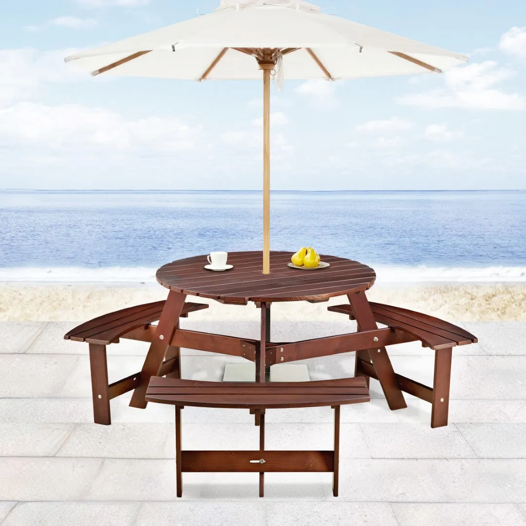 6-Person Round Picnic Table Set with Benches, Umbrella Hole, Outdoor Furniture for Garden, Backyard, Porch, Patio - Brown
