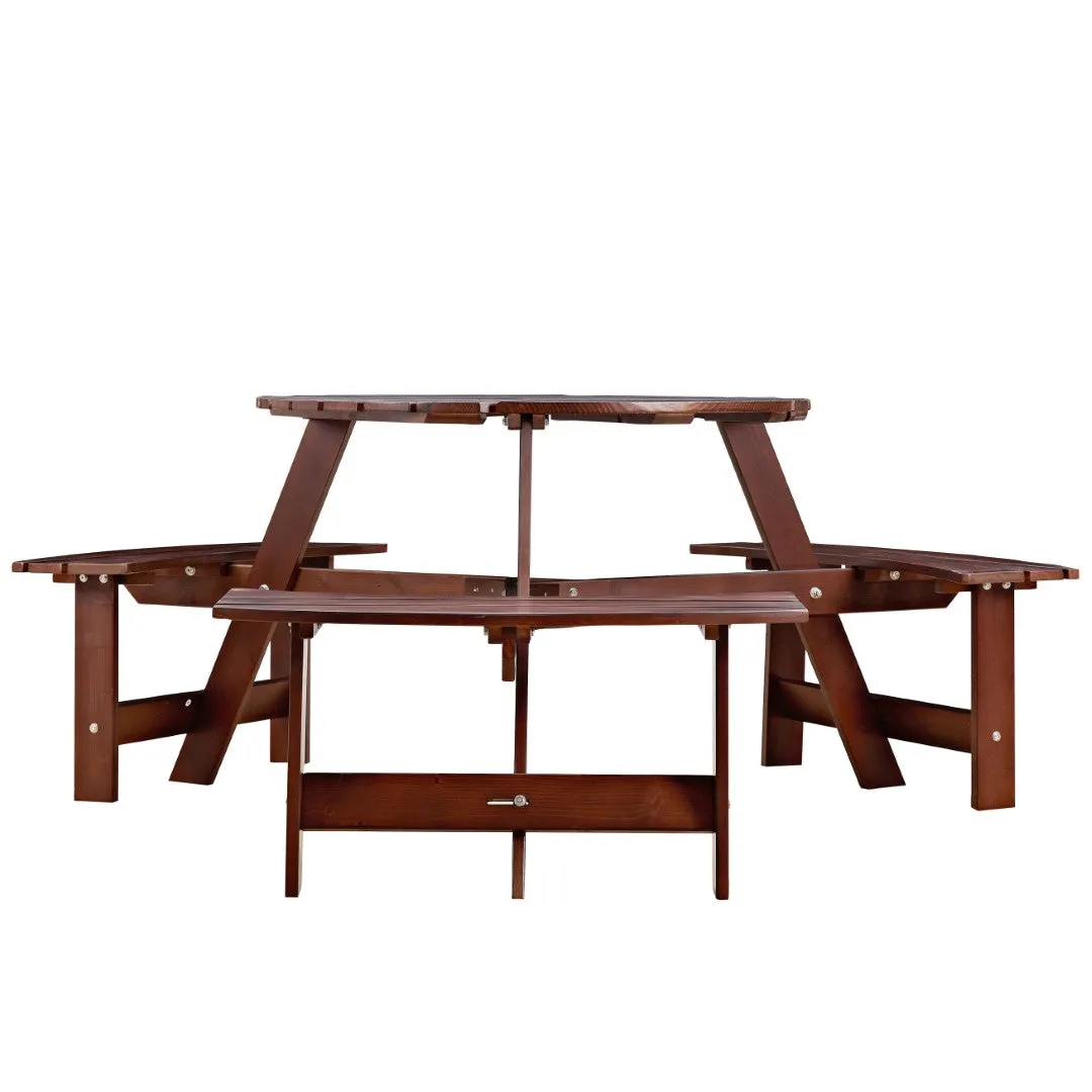 6-Person Round Picnic Table Set with Benches, Umbrella Hole, Outdoor Furniture for Garden, Backyard, Porch, Patio - Brown