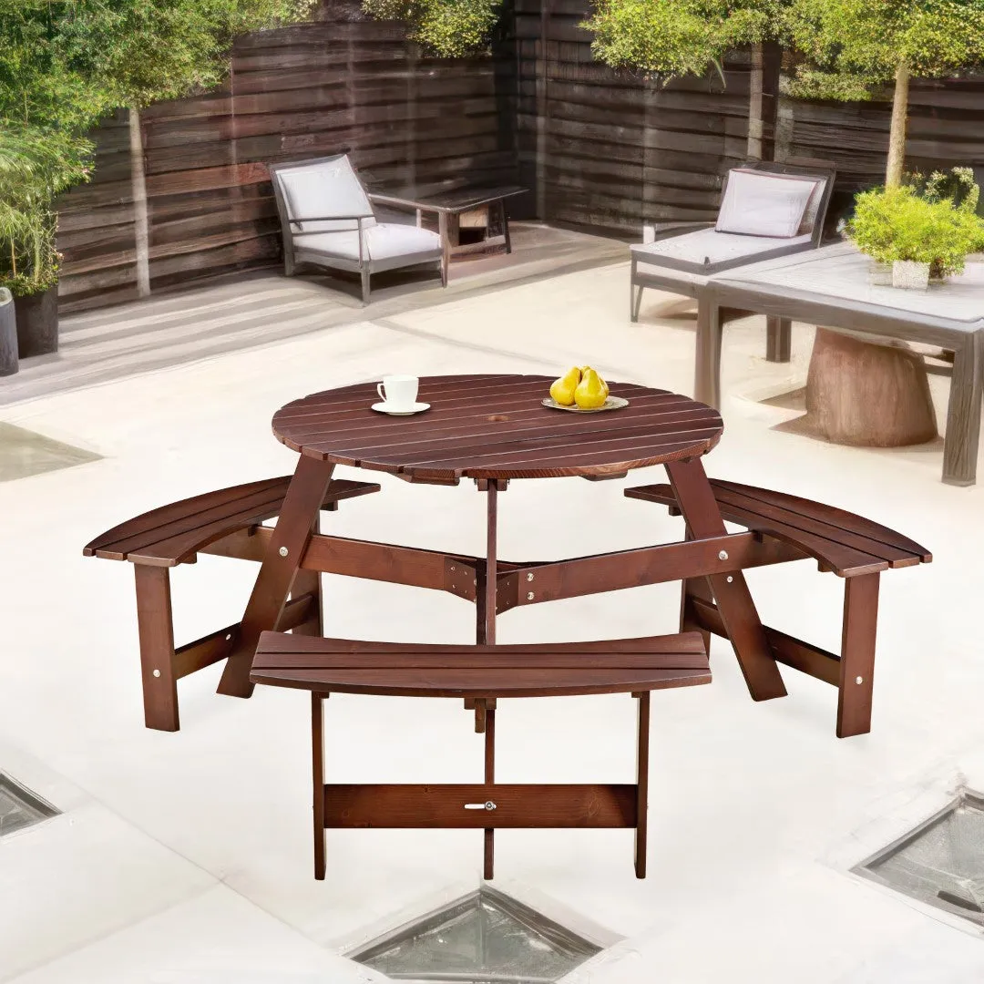 6-Person Round Picnic Table Set with Benches, Umbrella Hole, Outdoor Furniture for Garden, Backyard, Porch, Patio - Brown