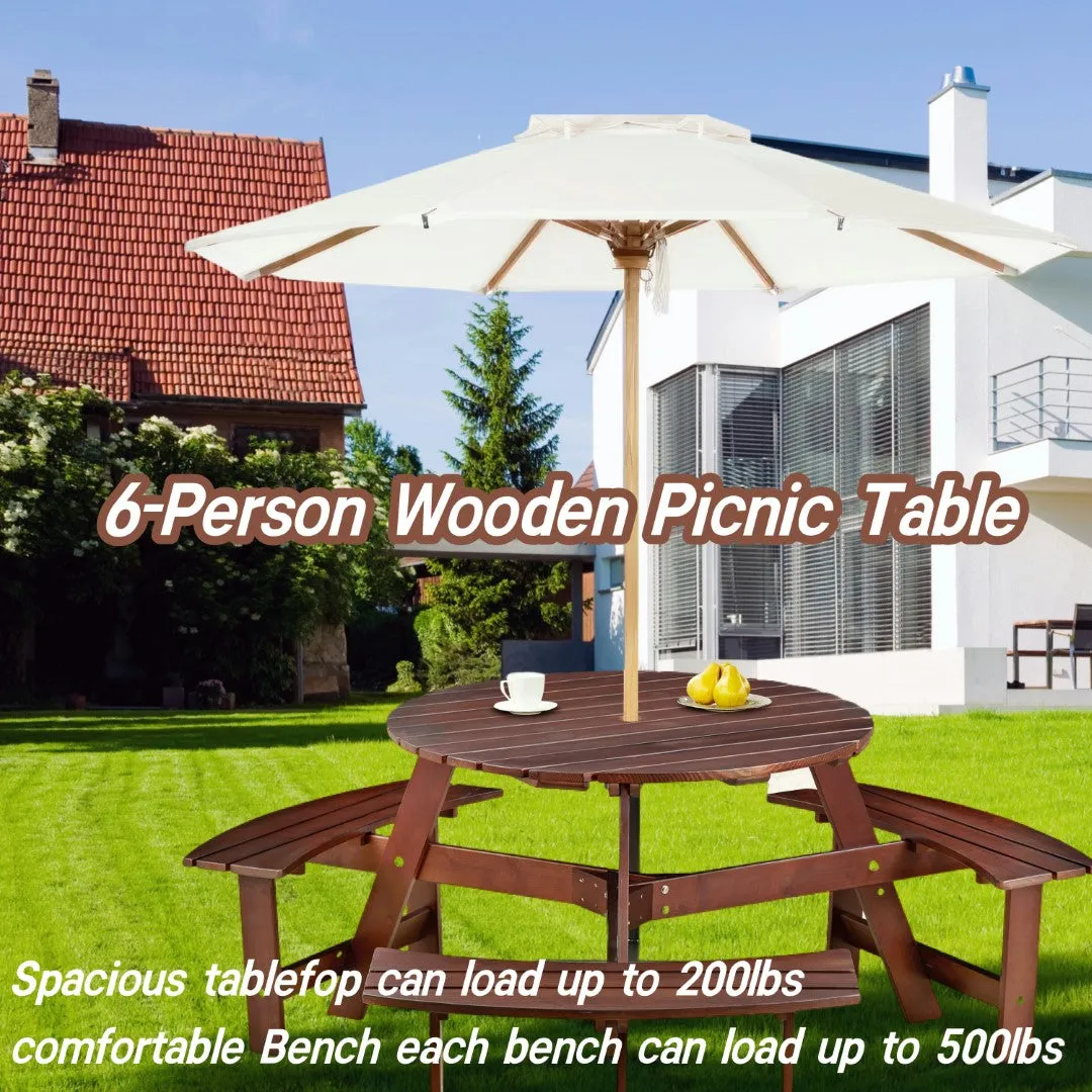 6-Person Round Picnic Table Set with Benches, Umbrella Hole, Outdoor Furniture for Garden, Backyard, Porch, Patio - Brown