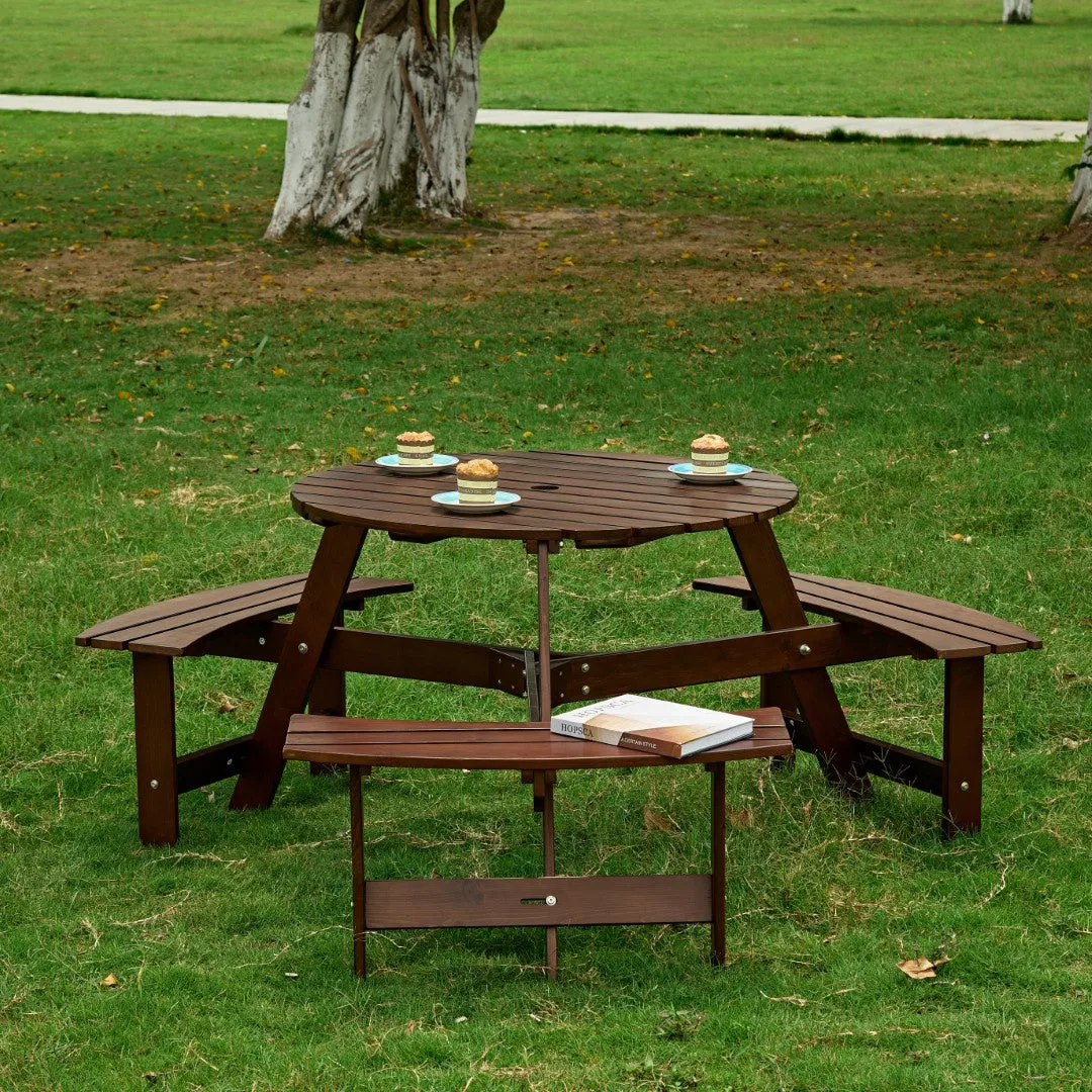 6-Person Round Picnic Table Set with Benches, Umbrella Hole, Outdoor Furniture for Garden, Backyard, Porch, Patio - Brown