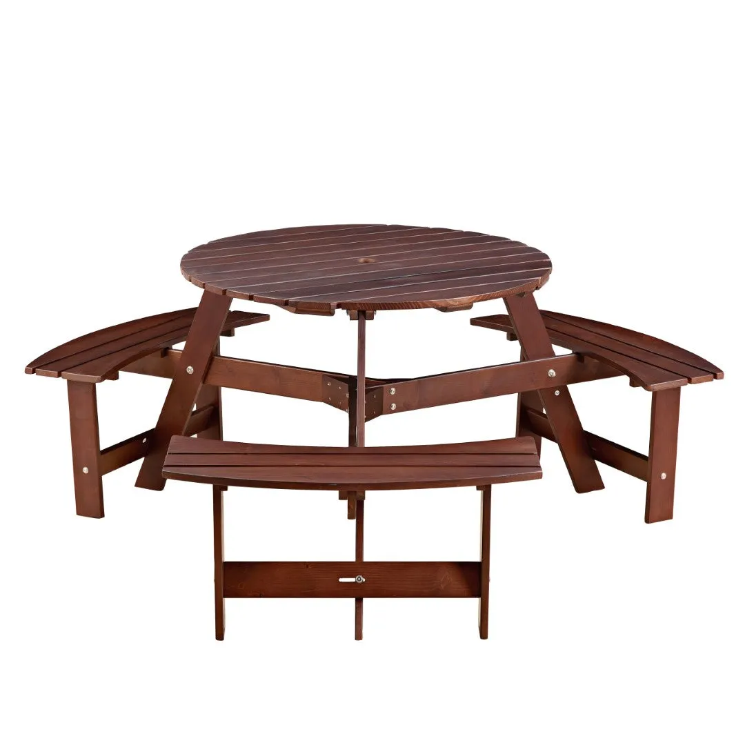 6-Person Round Picnic Table Set with Benches, Umbrella Hole, Outdoor Furniture for Garden, Backyard, Porch, Patio - Brown