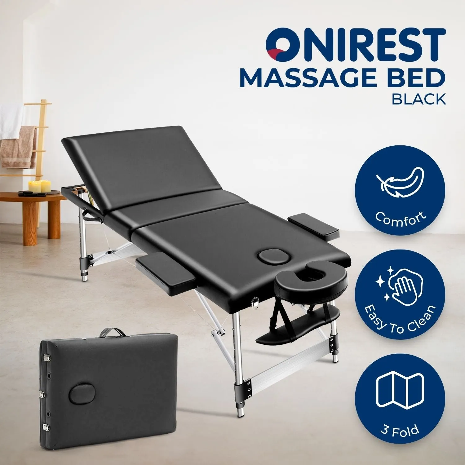 Adjustable 3-Fold Portable Massage Bed, Black, Height Adjustable