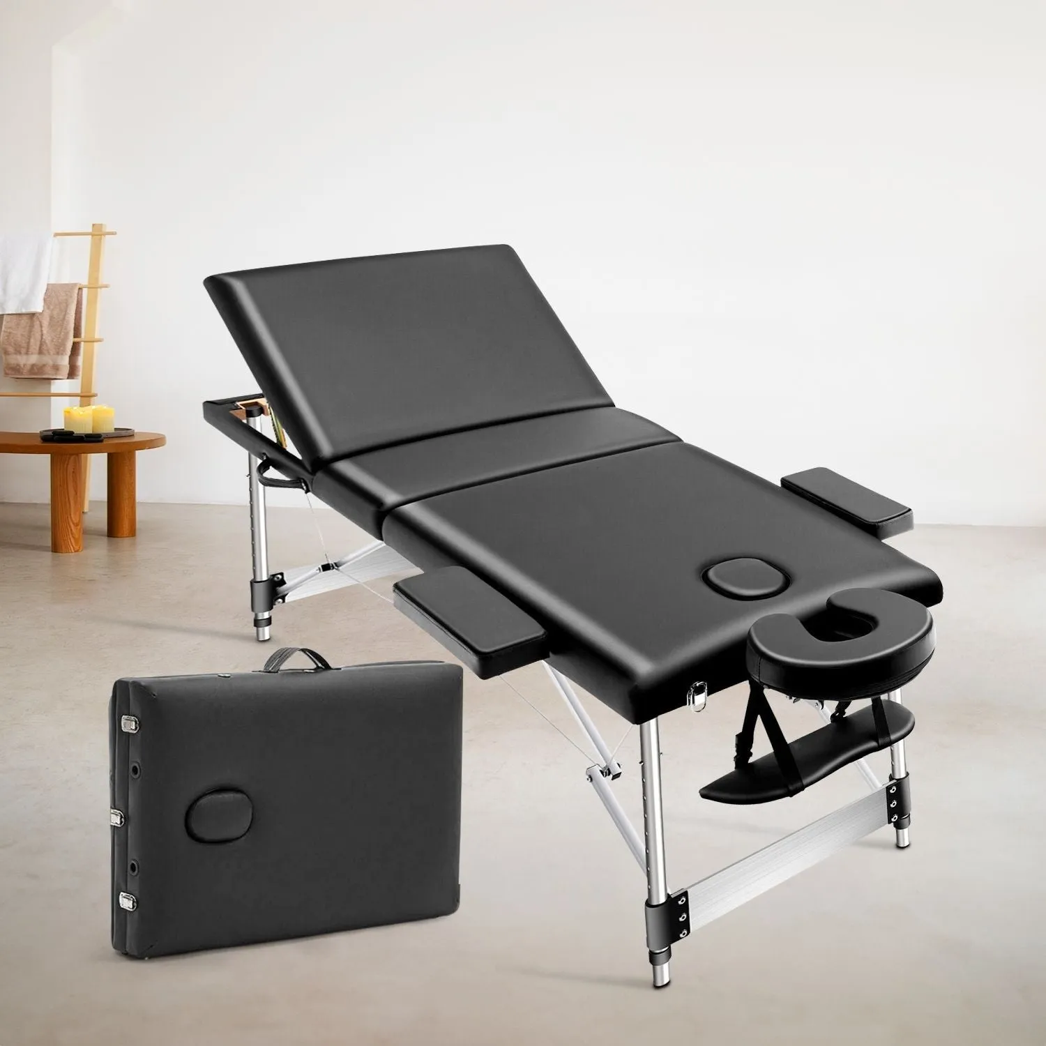 Adjustable 3-Fold Portable Massage Bed, Black, Height Adjustable