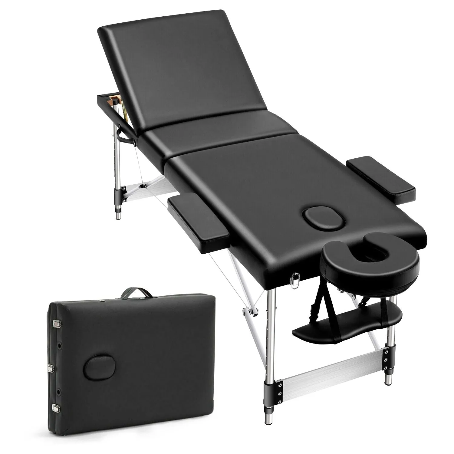 Adjustable 3-Fold Portable Massage Bed, Black, Height Adjustable