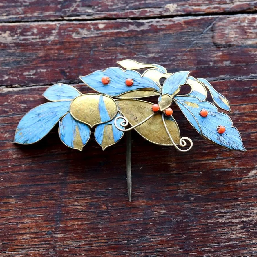 Antique Tian-Tsui (點翠) Hair Pin - Small, Fing fisher feather