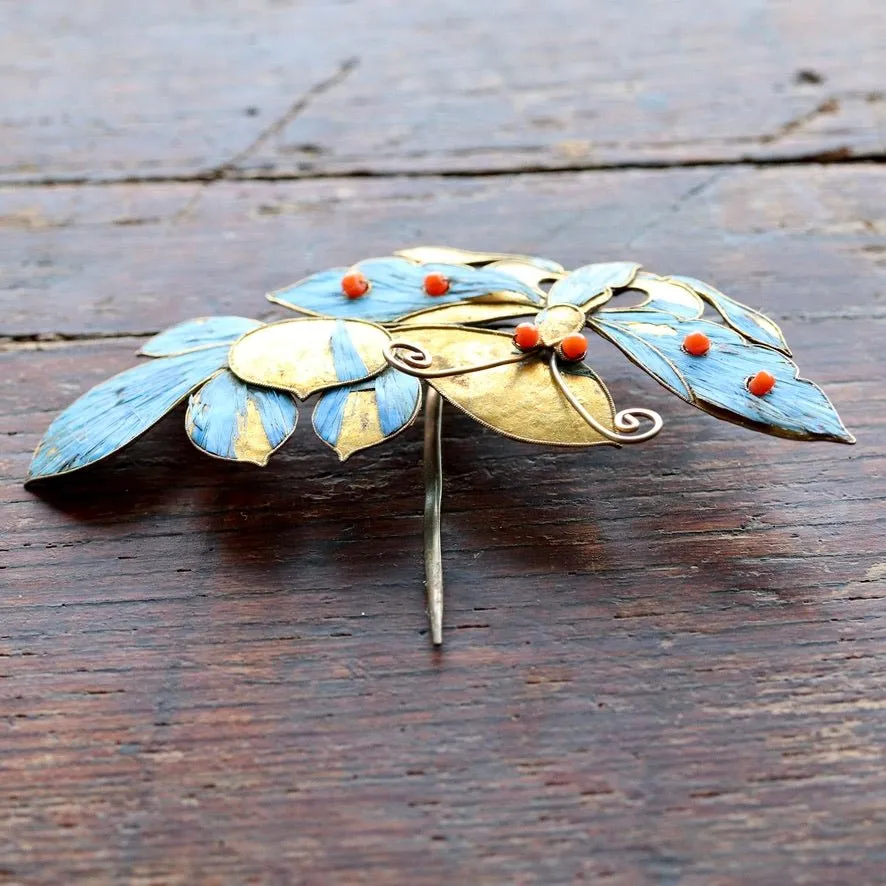 Antique Tian-Tsui (點翠) Hair Pin - Small, Fing fisher feather