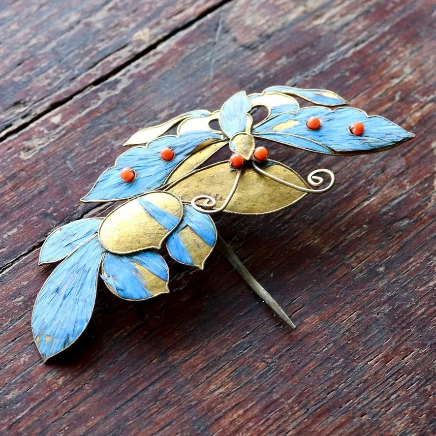 Antique Tian-Tsui (點翠) Hair Pin - Small, Fing fisher feather