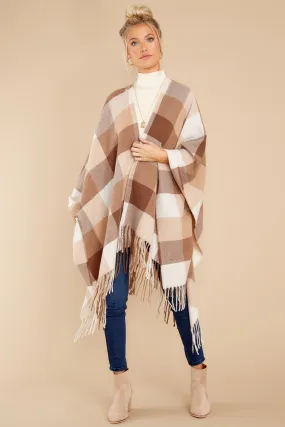 Caramel Dream Light Brown Plaid Poncho Cardigan