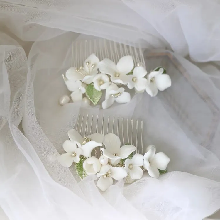 Ceramic Floral Bridal Hairpin-Green leaf