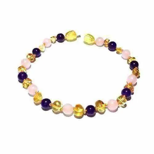 Childs Tara Honey Baltic Amber Amethyst Rose Quartz Gemstone Bead Necklace