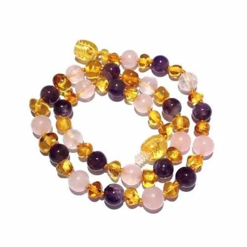 Childs Tara Honey Baltic Amber Amethyst Rose Quartz Gemstone Bead Necklace
