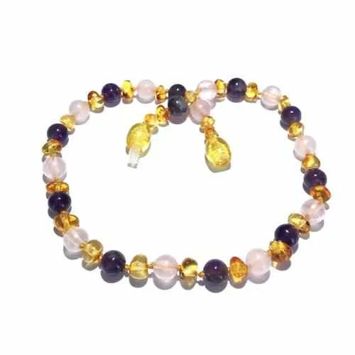 Childs Tara Honey Baltic Amber Amethyst Rose Quartz Gemstone Bead Necklace
