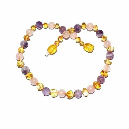 Childs Tara Honey Baltic Amber Amethyst Rose Quartz Gemstone Bead Necklace