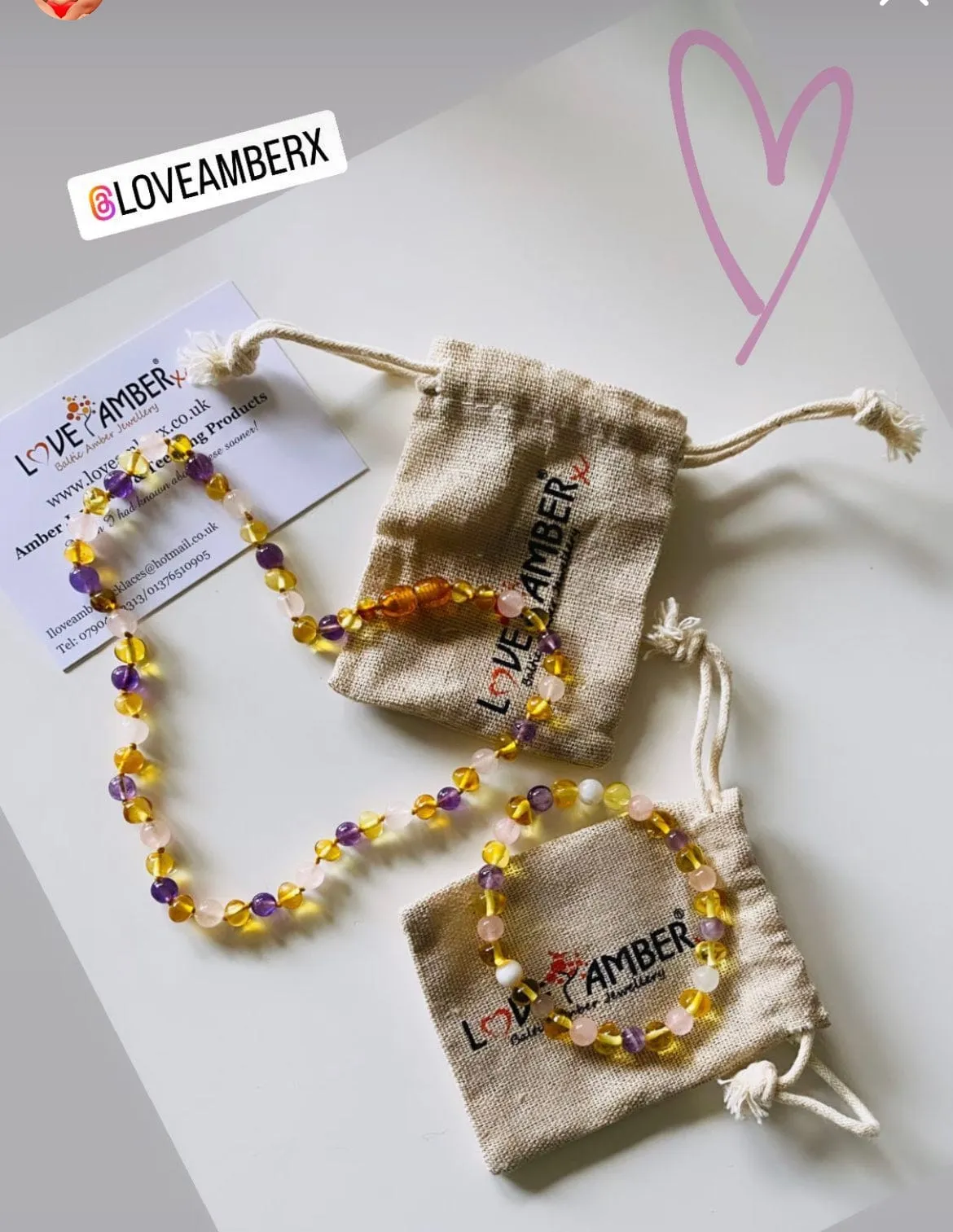 Childs Tara Honey Baltic Amber Amethyst Rose Quartz Gemstone Bead Necklace