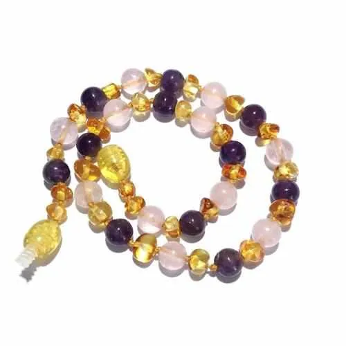 Childs Tara Honey Baltic Amber Amethyst Rose Quartz Gemstone Bead Necklace