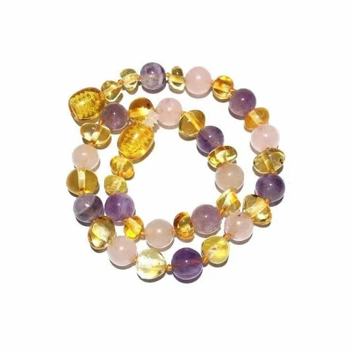 Childs Tara Honey Baltic Amber Amethyst Rose Quartz Gemstone Bead Necklace