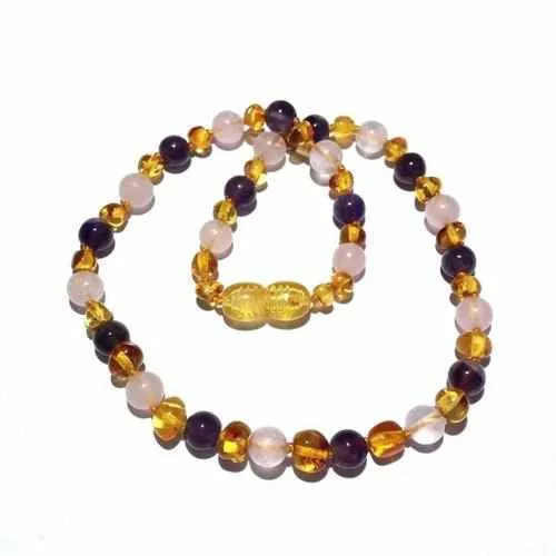 Childs Tara Honey Baltic Amber Amethyst Rose Quartz Gemstone Bead Necklace