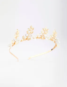 Gold Pearl Flower & Leaf Headband