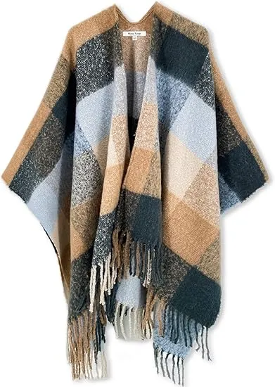 Majolica Blue Winter Chic Plaid Poncho Cardigan