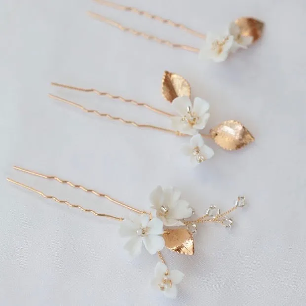 P144. ivory white clay floret hairpins, set of 5, available in gold and silver