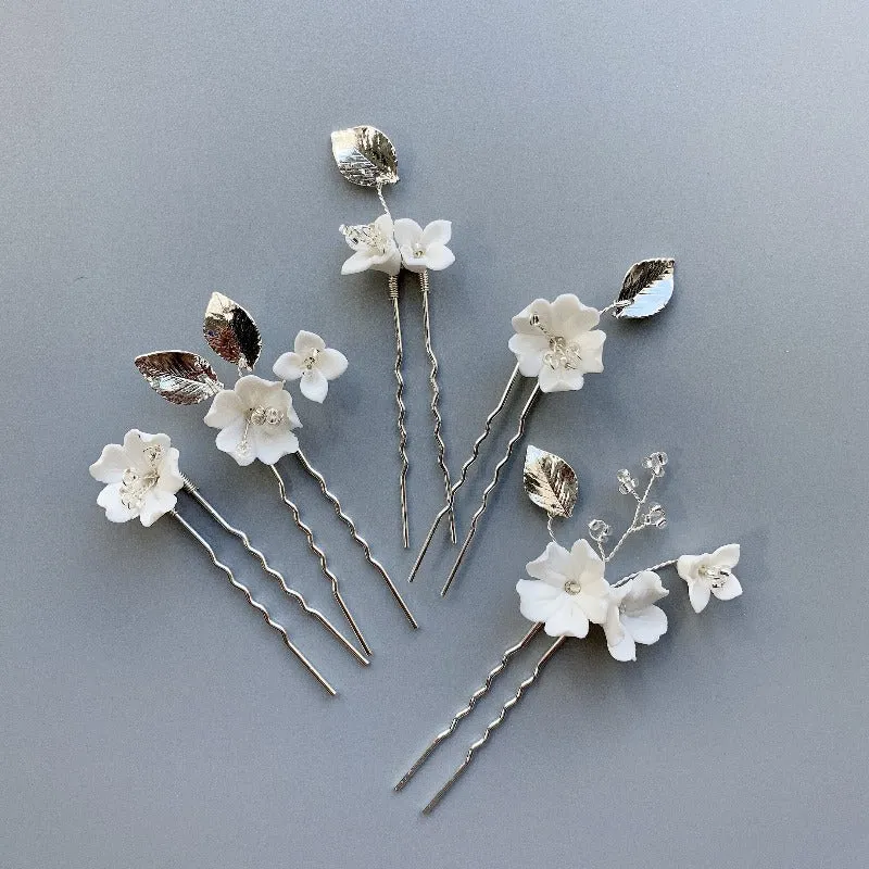 P144. ivory white clay floret hairpins, set of 5, available in gold and silver