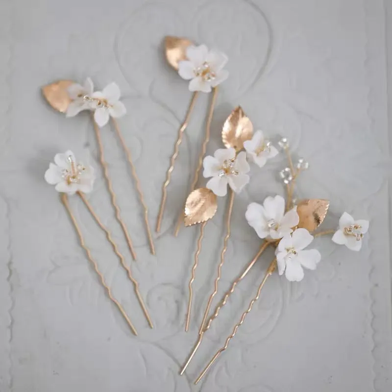 P144. ivory white clay floret hairpins, set of 5, available in gold and silver
