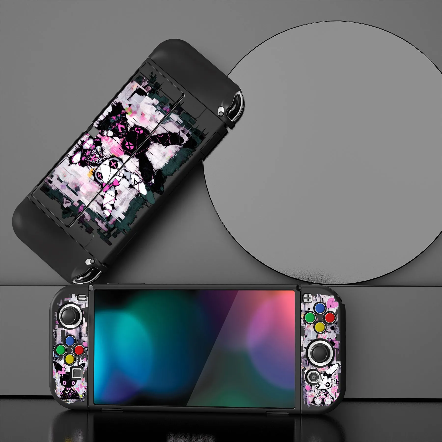 PlayVital ZealProtect Soft Protective Case for Switch OLED, Flexible Protector Joycon Grip Cover for Switch OLED with Thumb Grip Caps & ABXY Direction Button Caps - Lovely Punky Bunny - XSOYV6054