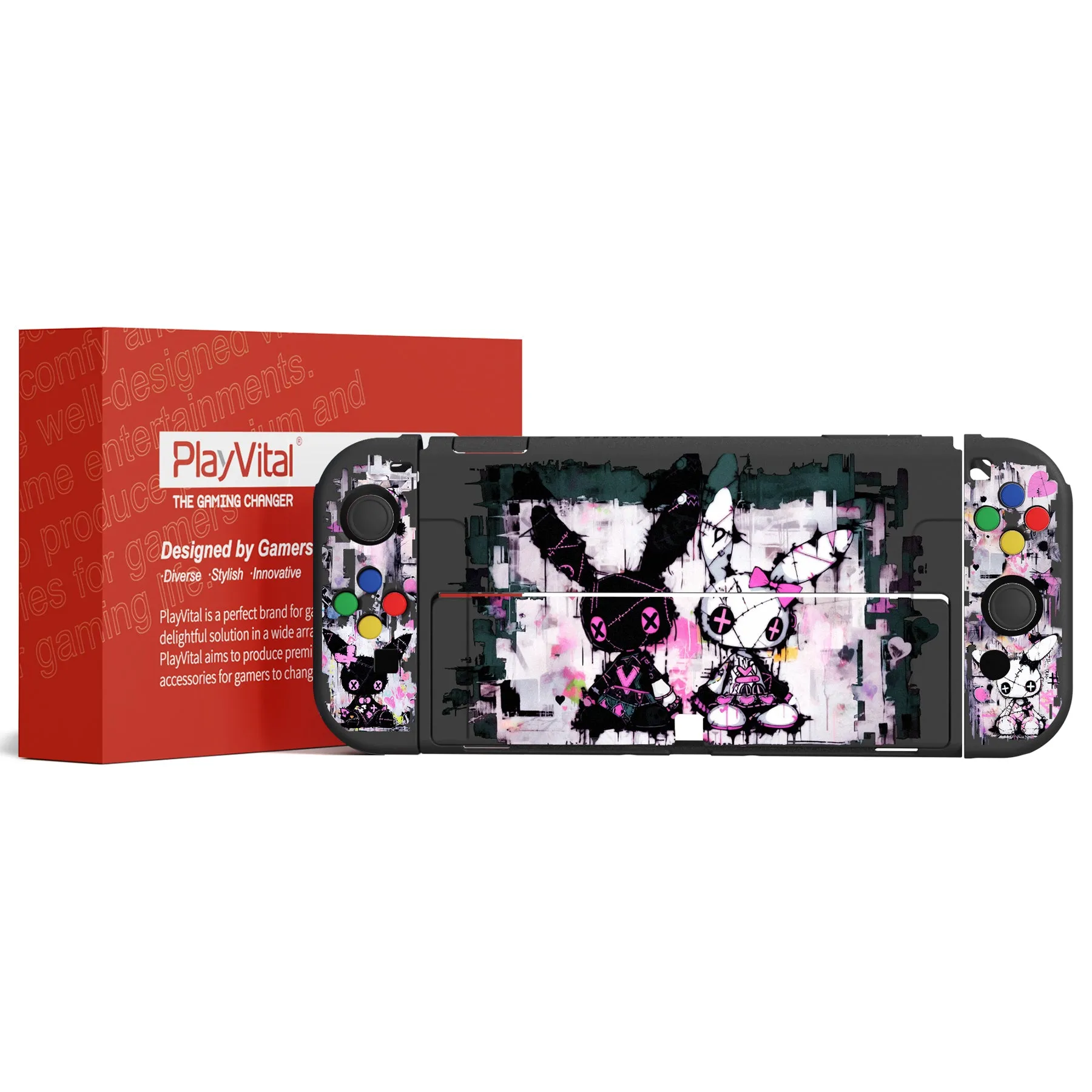 PlayVital ZealProtect Soft Protective Case for Switch OLED, Flexible Protector Joycon Grip Cover for Switch OLED with Thumb Grip Caps & ABXY Direction Button Caps - Lovely Punky Bunny - XSOYV6054