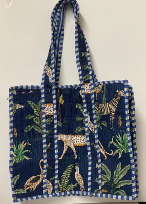 PREORDER- Quilted Cotton Tote Bag- Navy Leopard