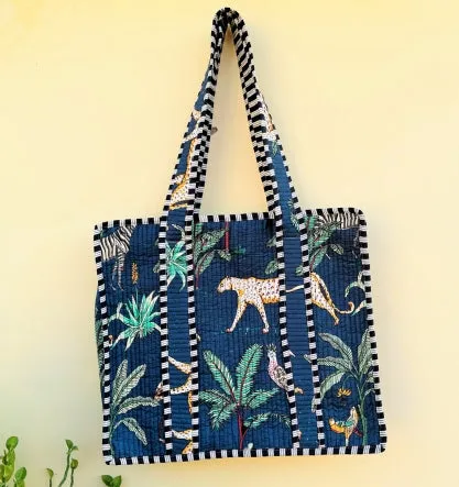 PREORDER- Quilted Cotton Tote Bag- Navy Leopard