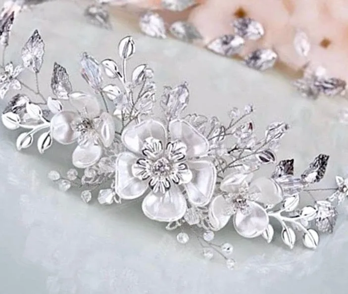 "Carol" - Silver Pearl and Crystal Bridal Headband