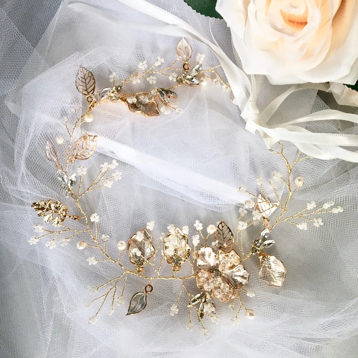 "Ellina" - Gold Pearl and Crystal Bridal Headband