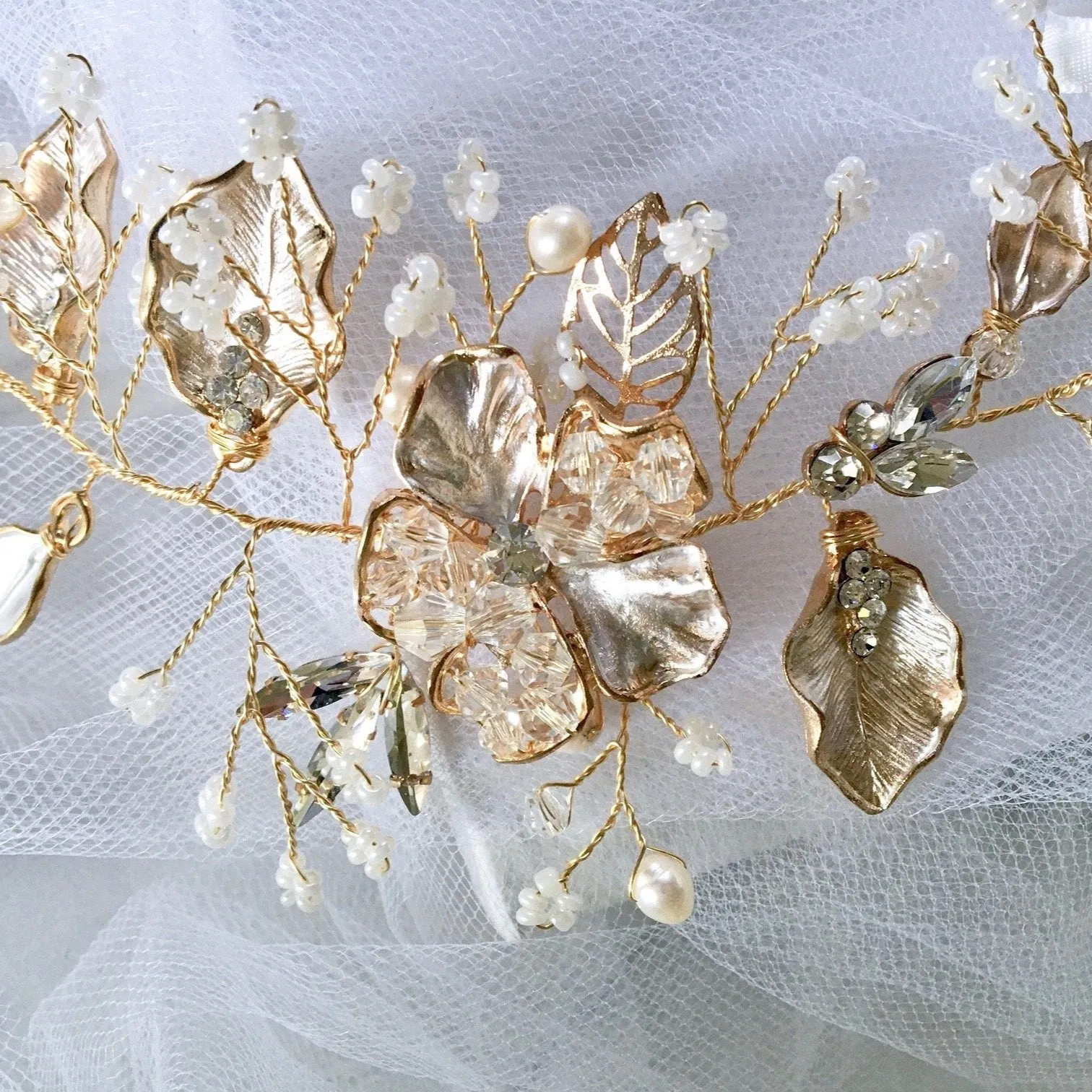 "Ellina" - Gold Pearl and Crystal Bridal Headband