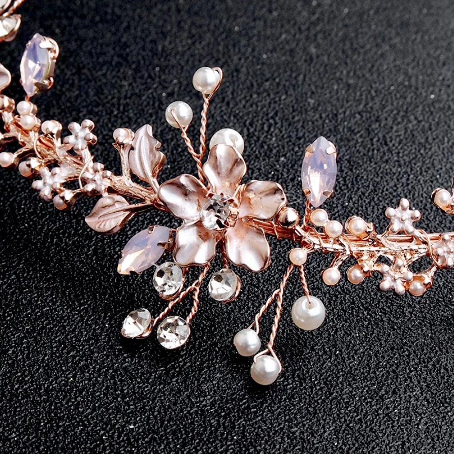 "Gracelynn" - Rose Gold Swarovski Pearl and Opal Bridal Headband