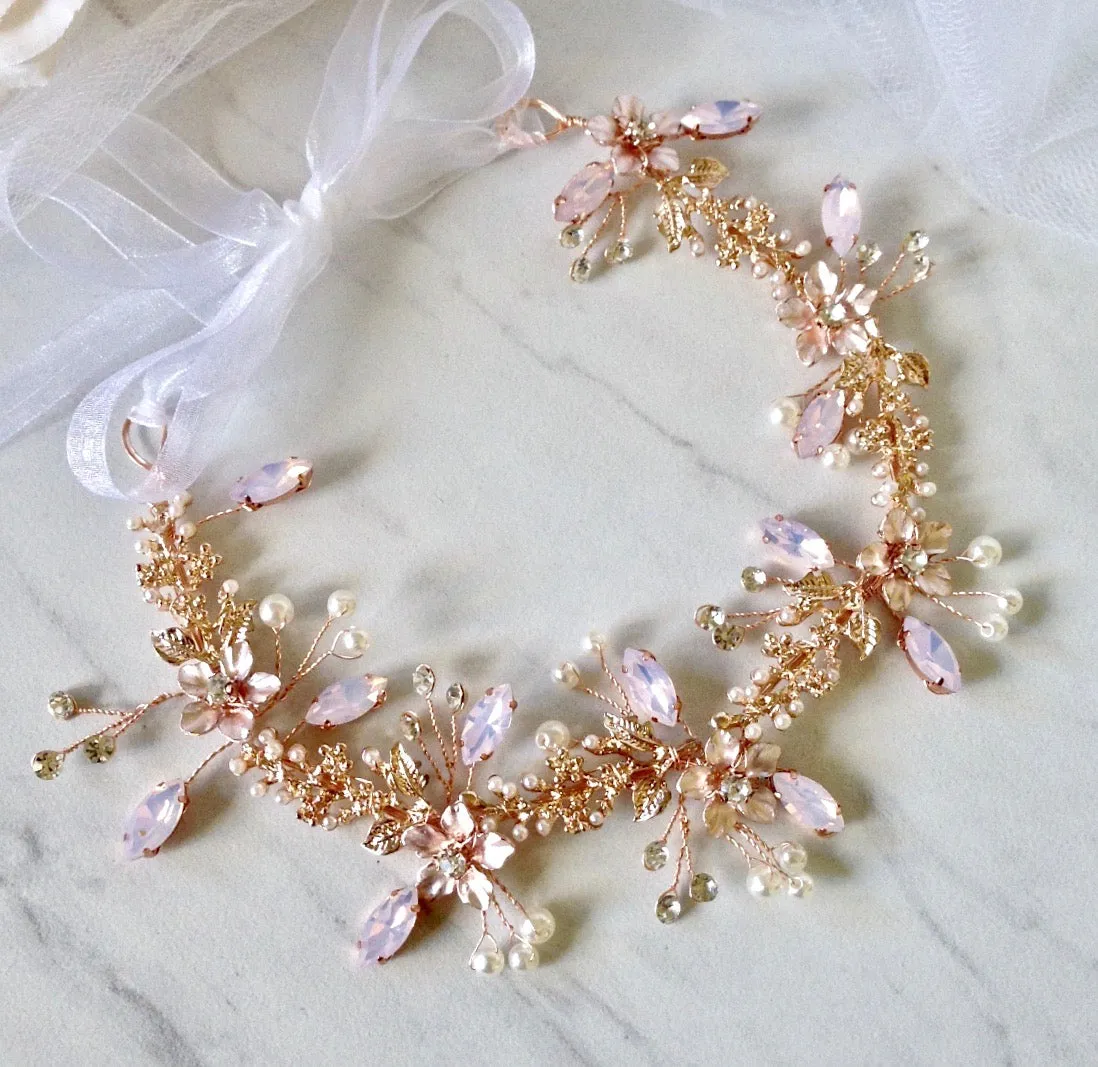 "Gracelynn" - Rose Gold Swarovski Pearl and Opal Bridal Headband