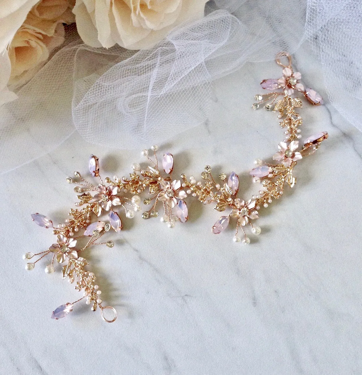 "Gracelynn" - Rose Gold Swarovski Pearl and Opal Bridal Headband