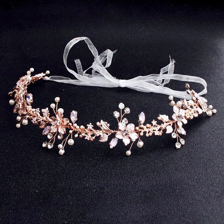 "Gracelynn" - Rose Gold Swarovski Pearl and Opal Bridal Headband