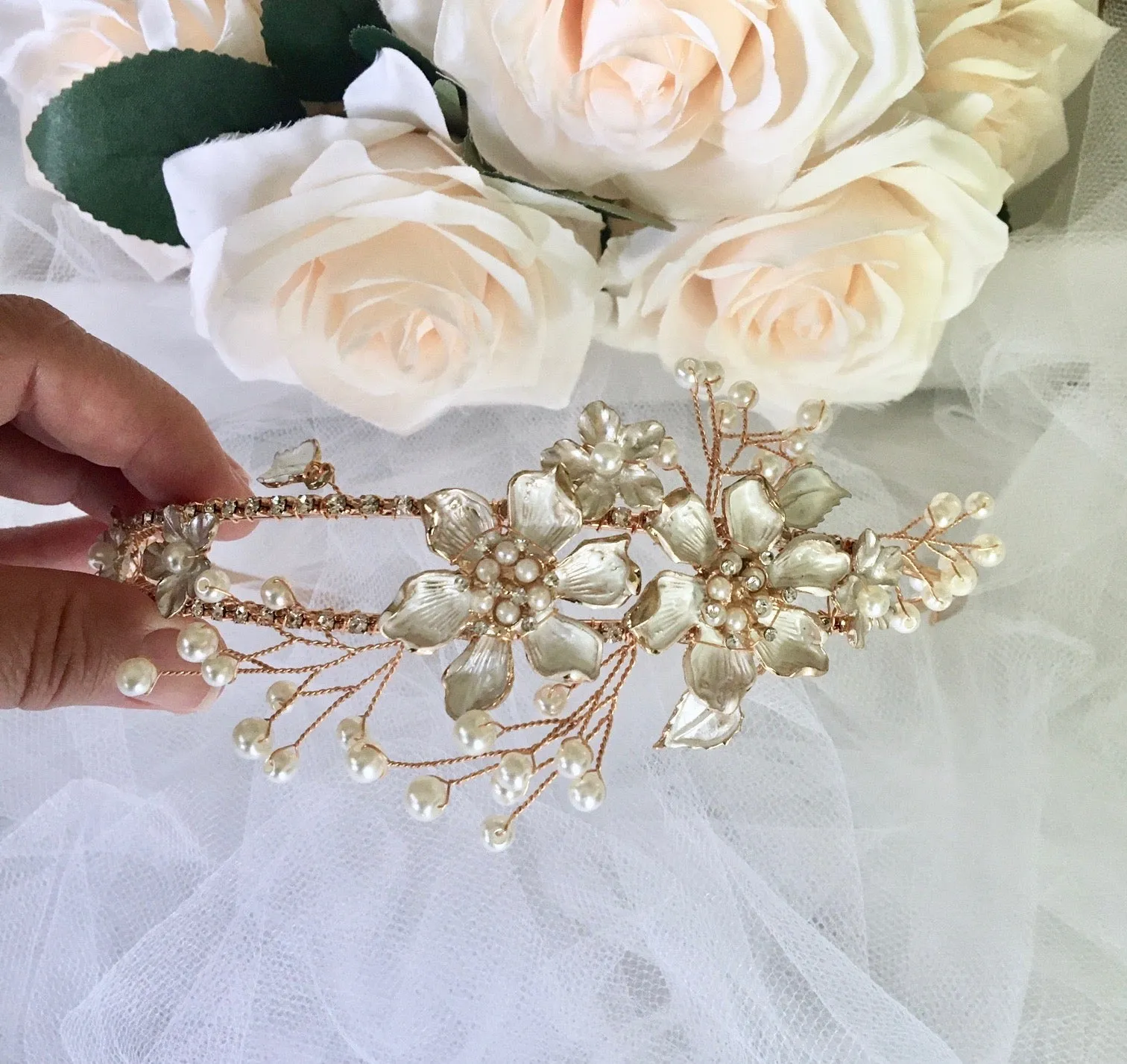 "Kara" - Gold Pearl and Crystal Bridal Headband / Tiara