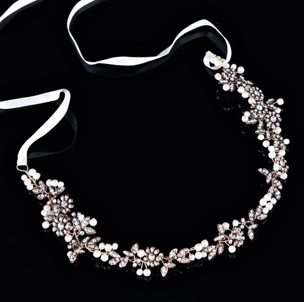 "Kelly" - Vintage Gold Pearl and Crystal Bridal Headband