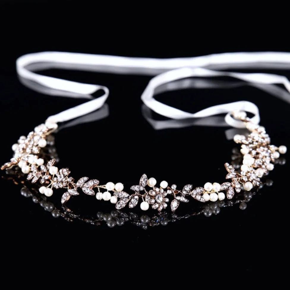 "Kelly" - Vintage Gold Pearl and Crystal Bridal Headband