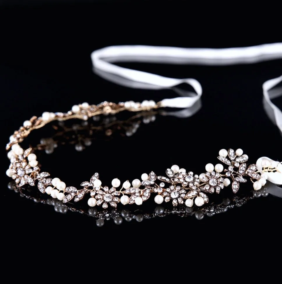 "Kelly" - Vintage Gold Pearl and Crystal Bridal Headband