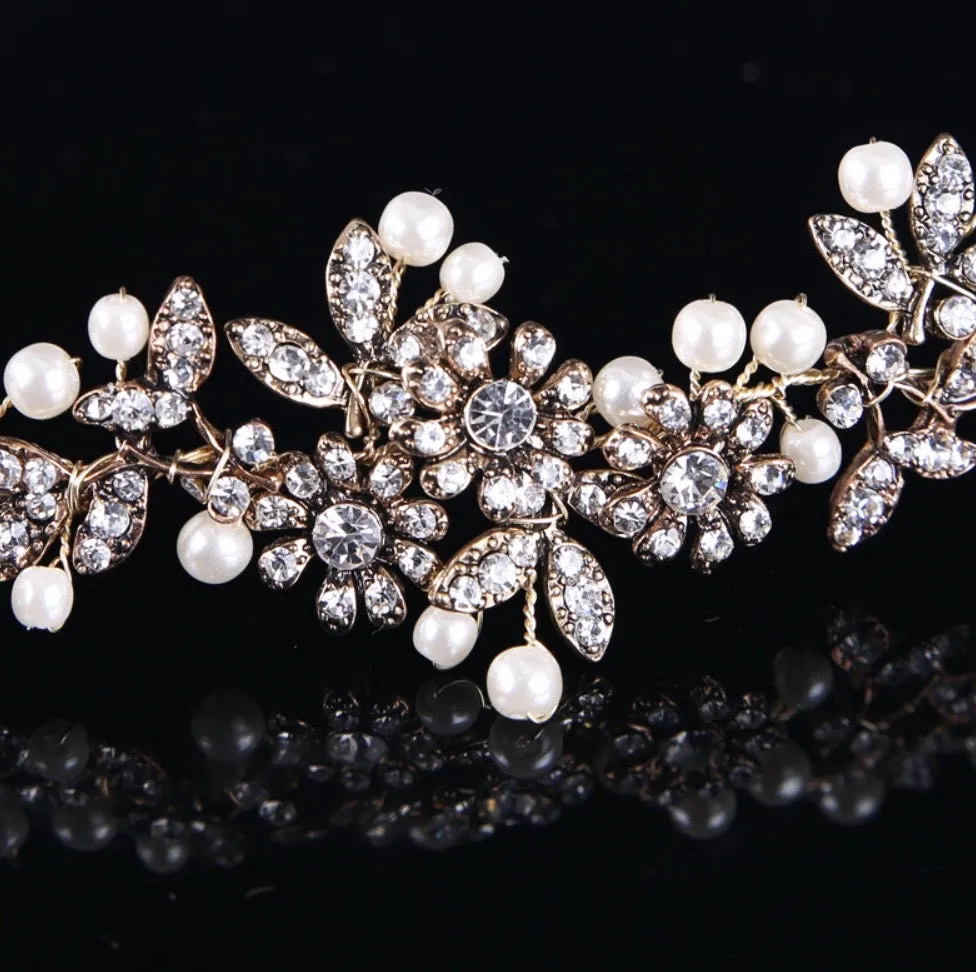 "Kelly" - Vintage Gold Pearl and Crystal Bridal Headband